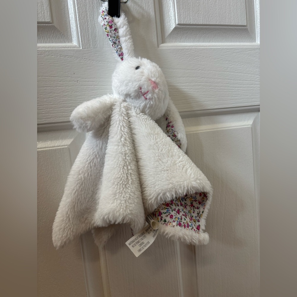White Plush Bunny Lovey with Floral Accents 14x12”. Bunny Blankie Plush Rattle.